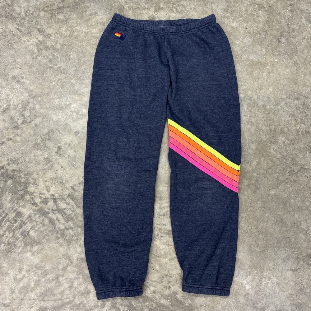 Aviator Nation Chevron 5 Stripe Sweatpants Heather Navy Rainbow Loungewear Med